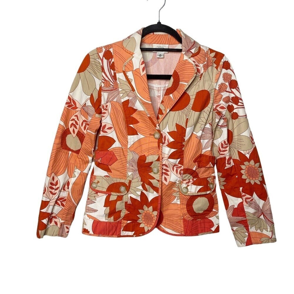 Ann Taylor LOFT Colorful Retro Print Floral Blazer Petite Size 4P Orange